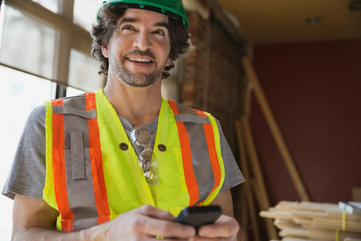Tradesperson holding a phone on a building site